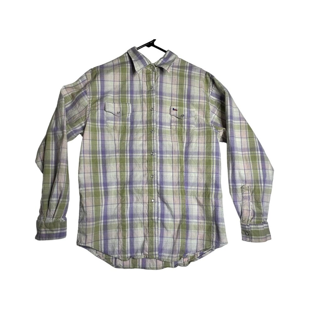 Texas Cotton L/S Pearl Snap Lavender Plaid Shirt Womens Medium Made in USA